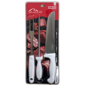 KIT CHURRASCO FACA CHAIRA GARFO MOLDULAR C/3 PC